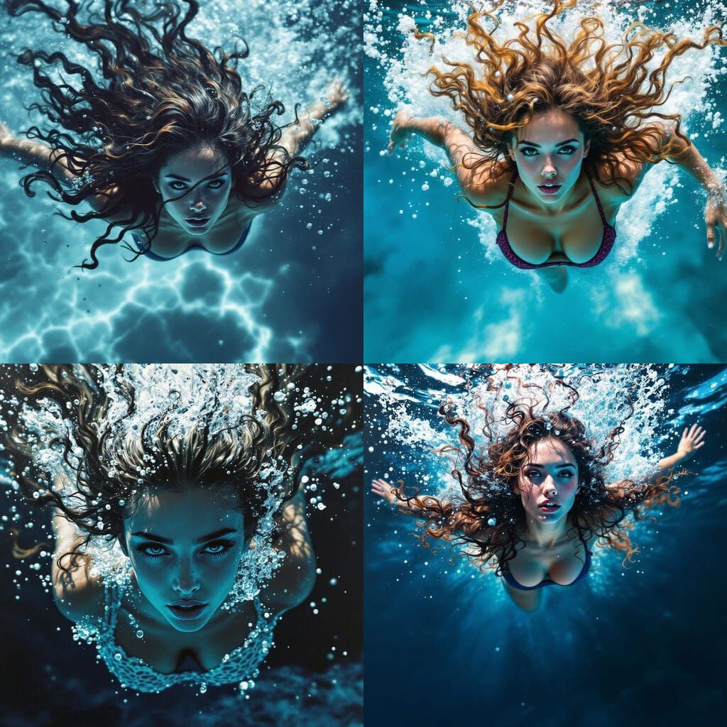 Woman Swimming Fast Underwater with Long Curly Hair
