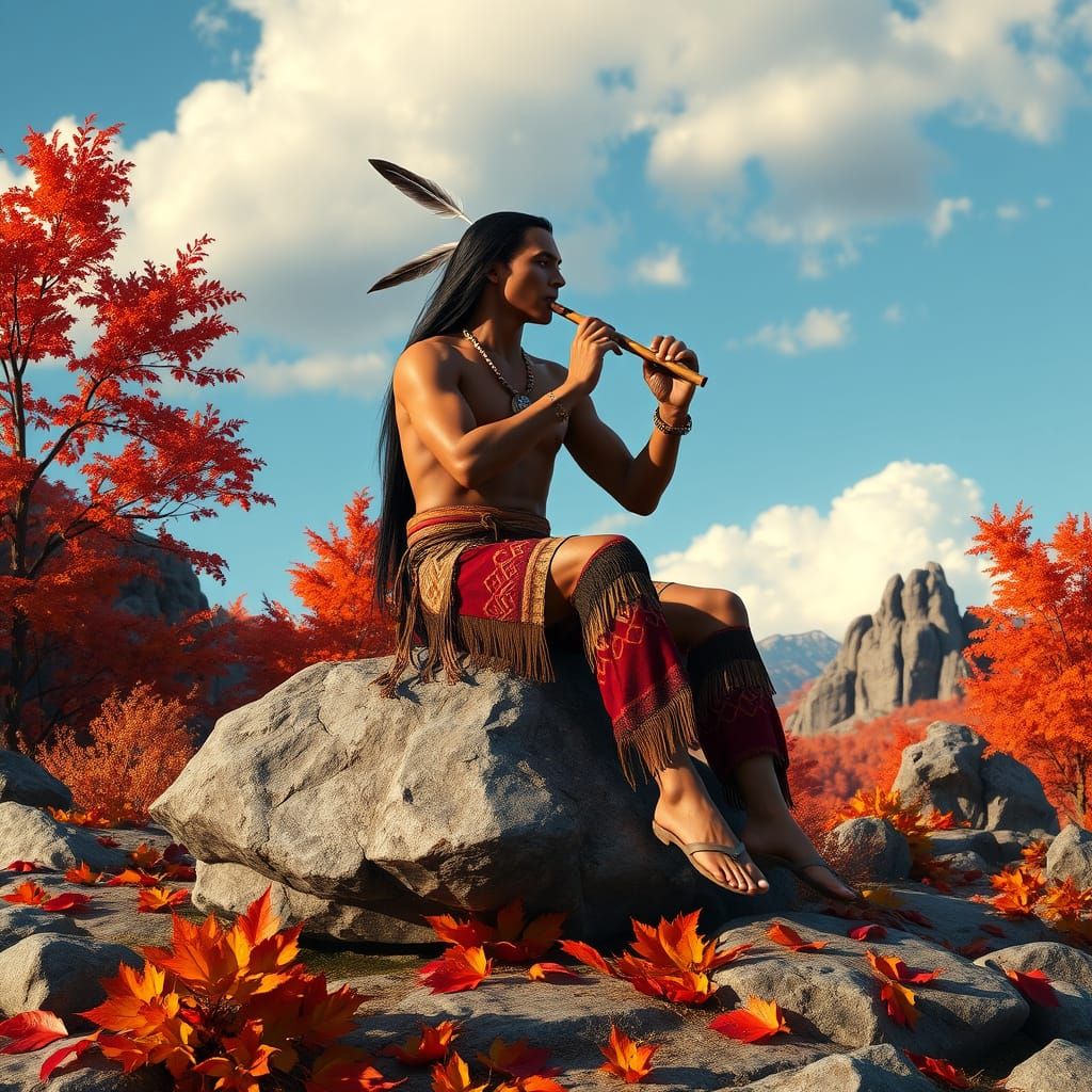 Native American Flute Player in Autumn Landscape