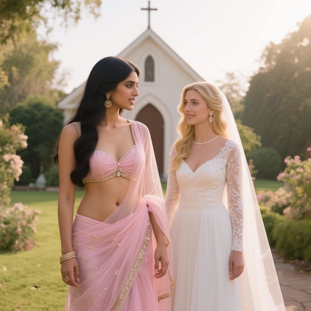 Pakistani Bride in Pink Saree with Canadian Bride in Garden ...
