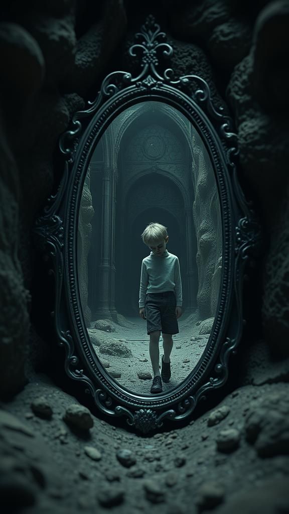 Boy Falls Through Mirror: Surreal 3D Digital Art