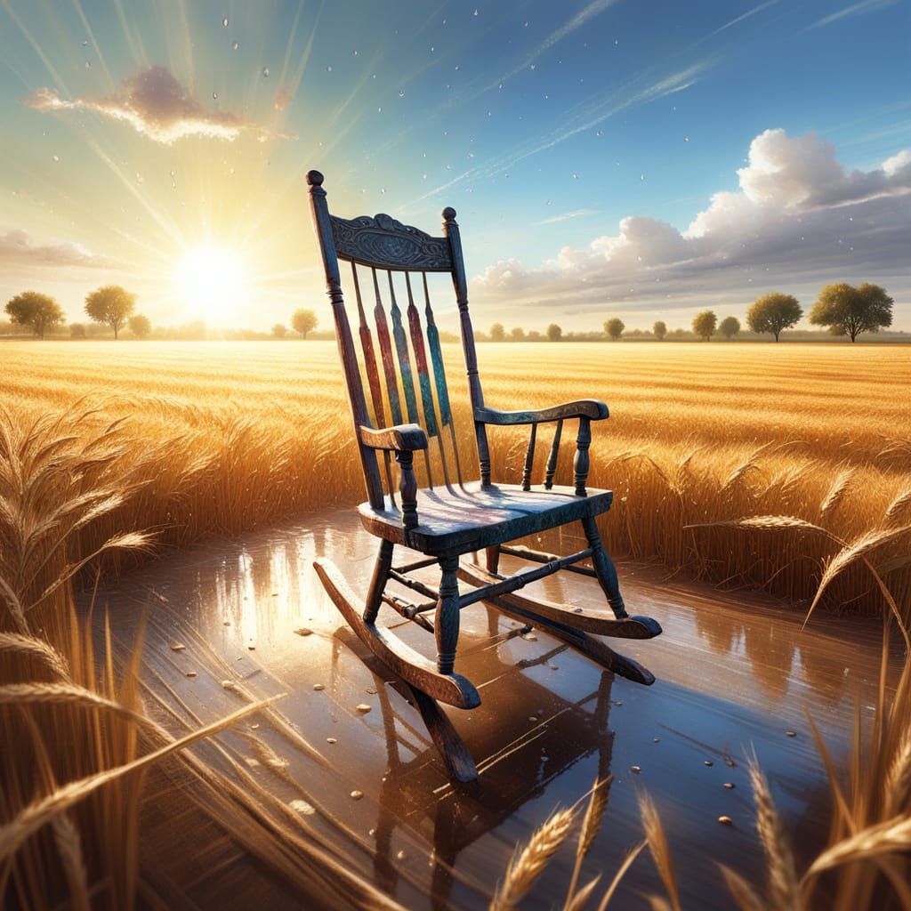 Rocking Chair in Grain Field with Reflected Sunlight