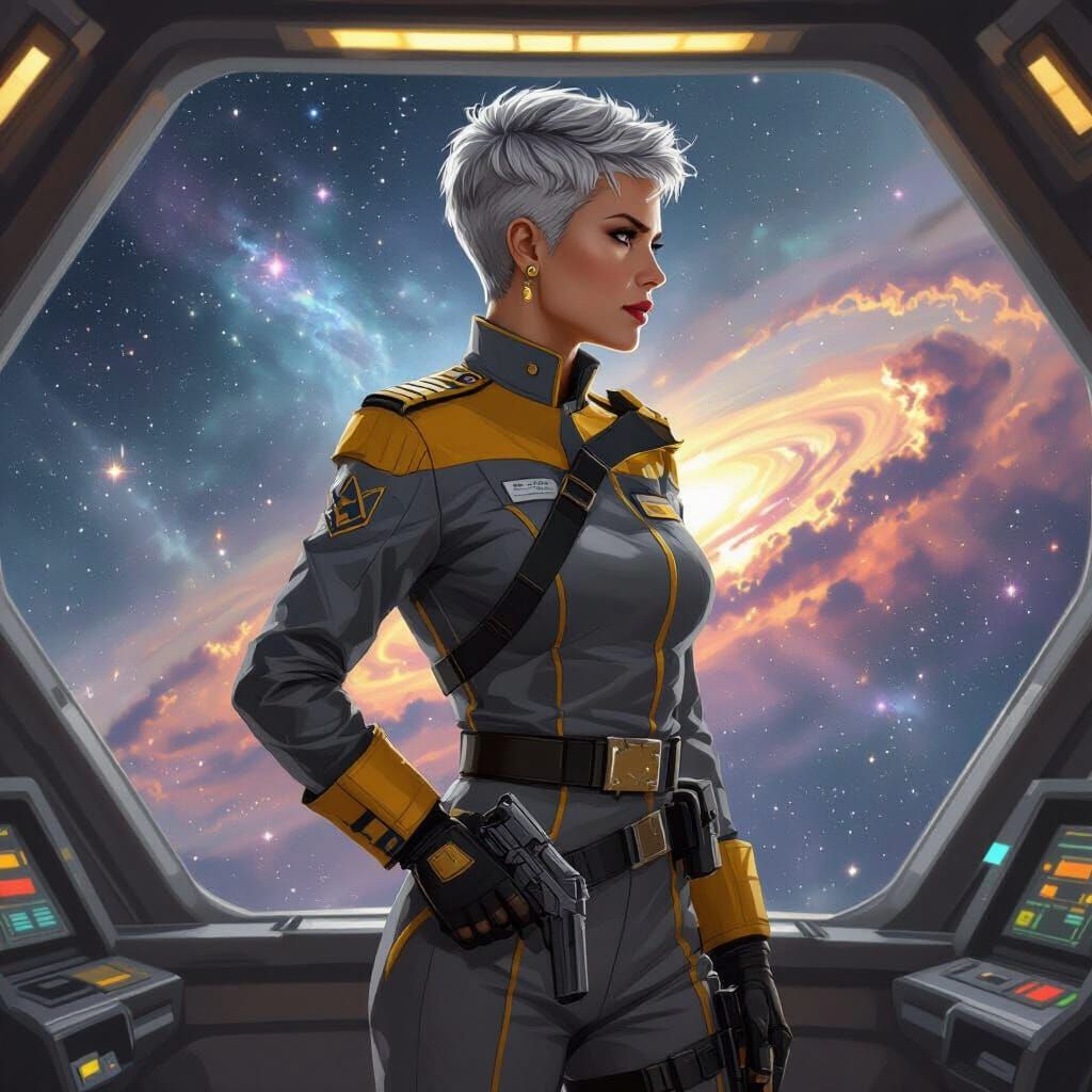 Space Fleet Admiral on Starship Bridge in Dramatic Lighting