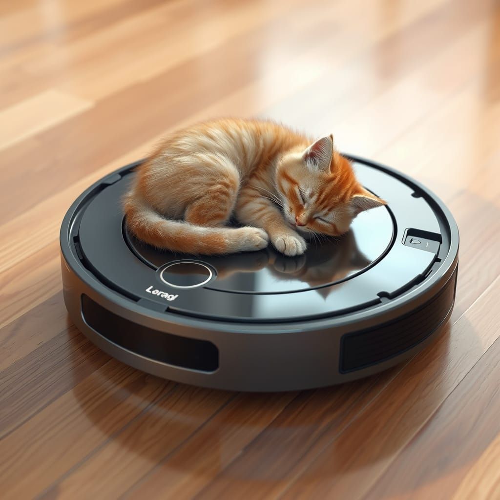 Fluffy Kitten Naps On Moving Robot Vacuum