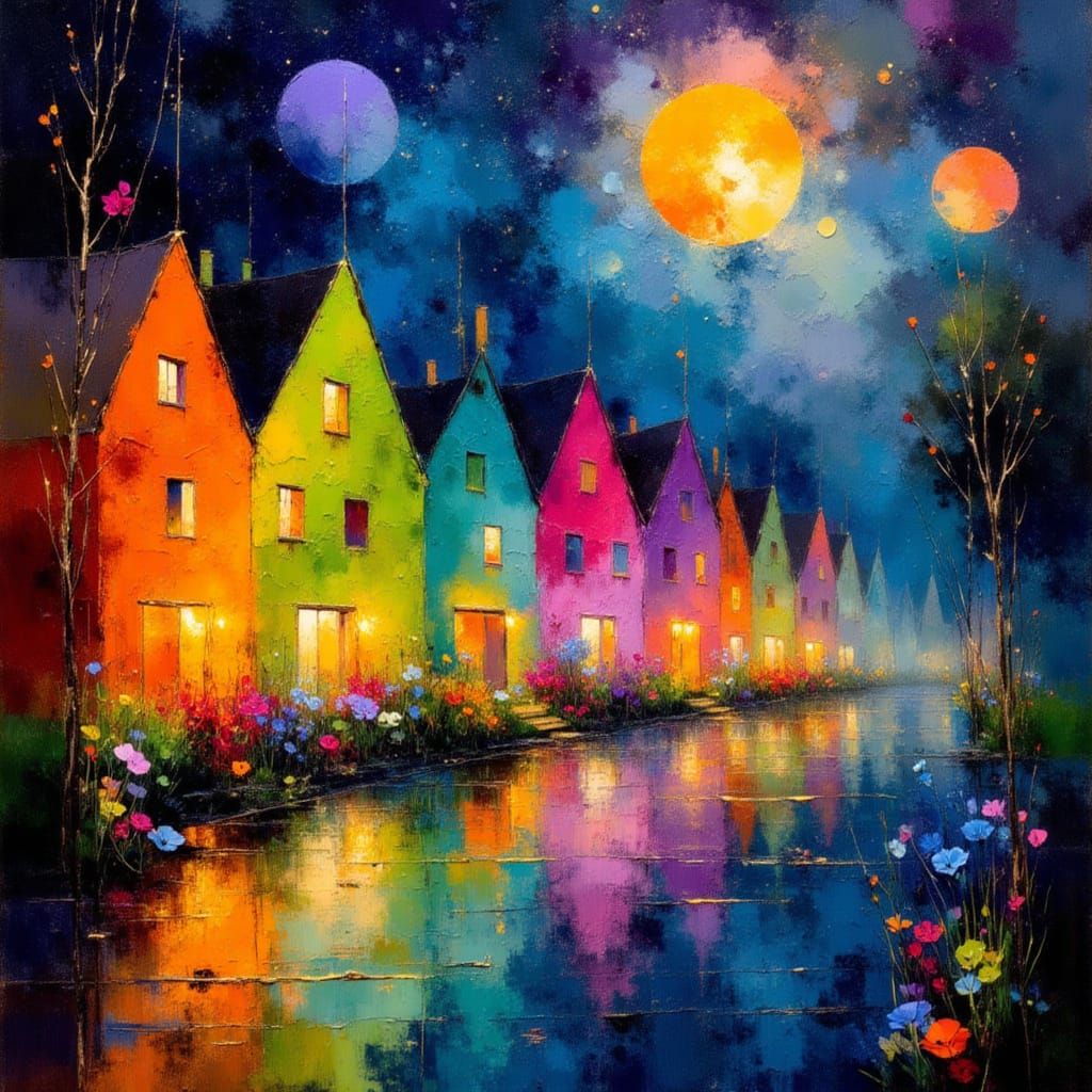 Vibrant Surreal Houses Under Cosmic Night Sky