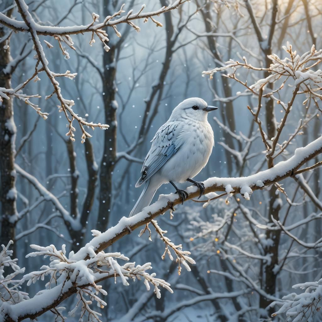 Winter Bird on Snowy Branch in Detailed Matte Painting