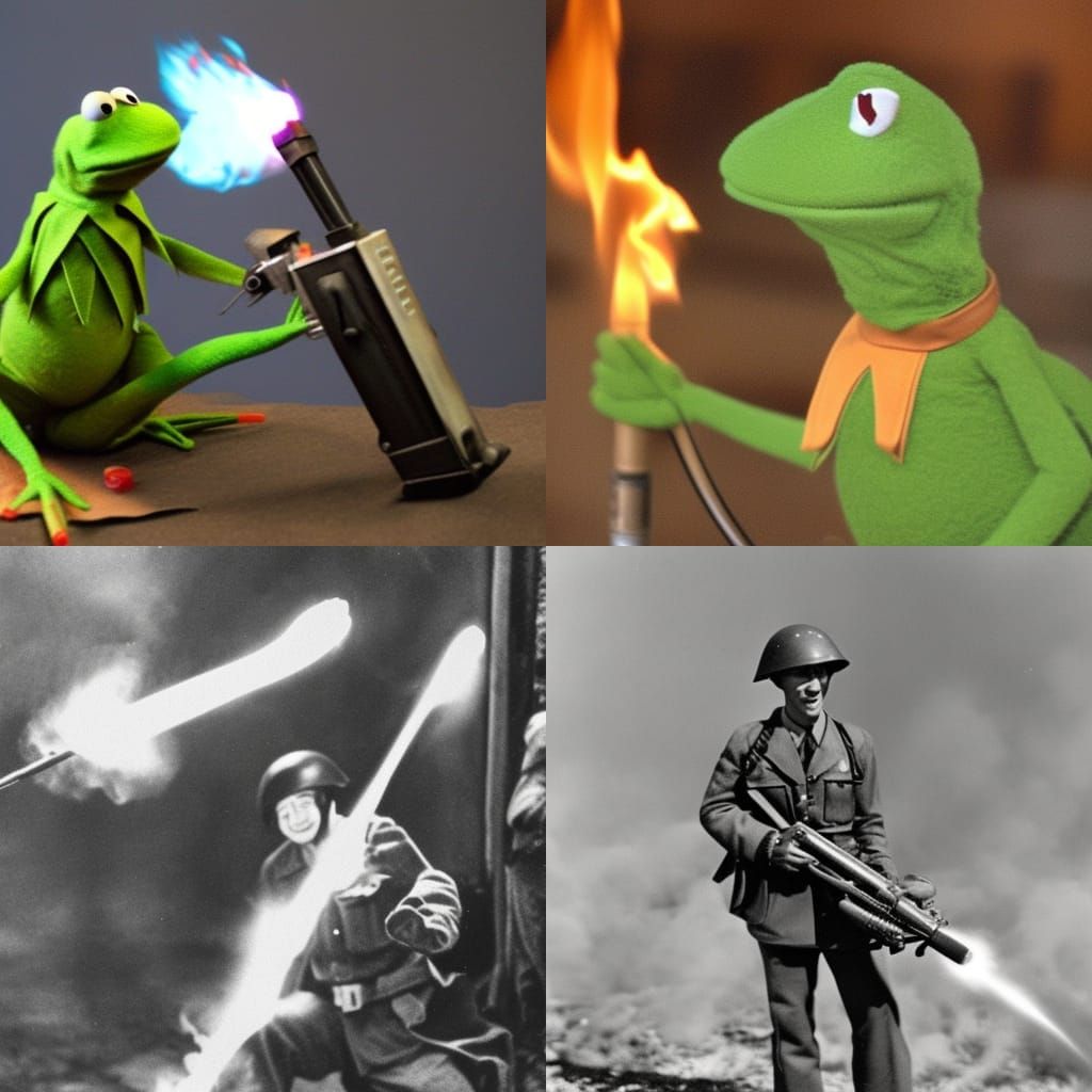 Kermit the Frog in WWII with Flamethrower