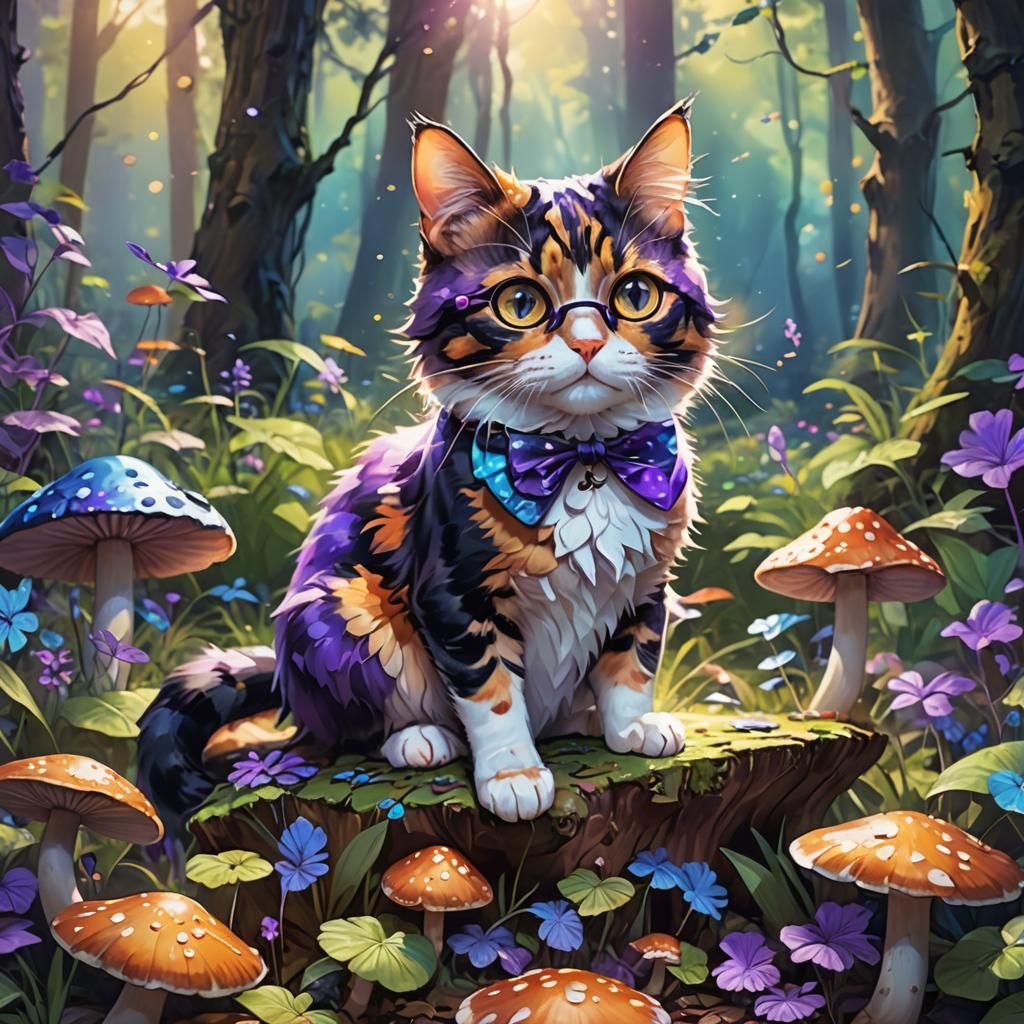 Anime Calico Cat with Glasses on Mushroom
