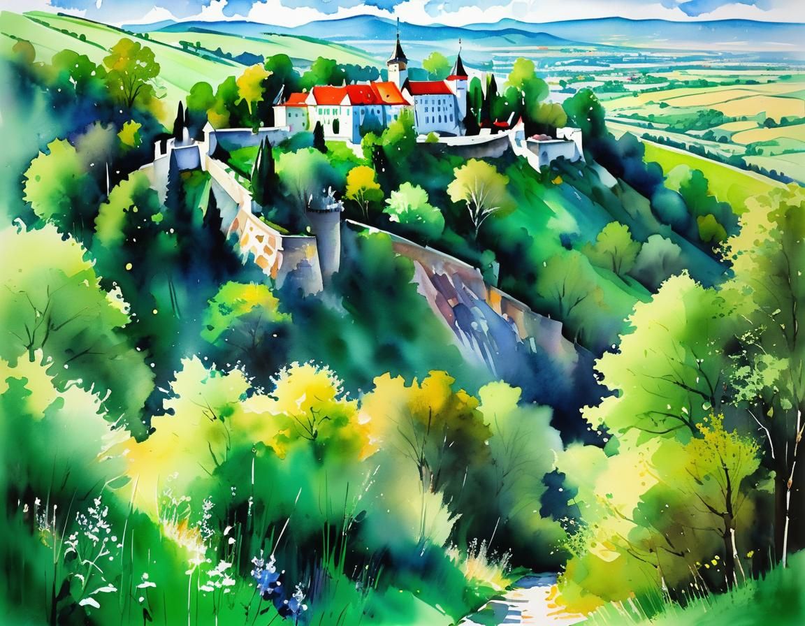 Slovakian Landscape with Castle in Watercolor Style