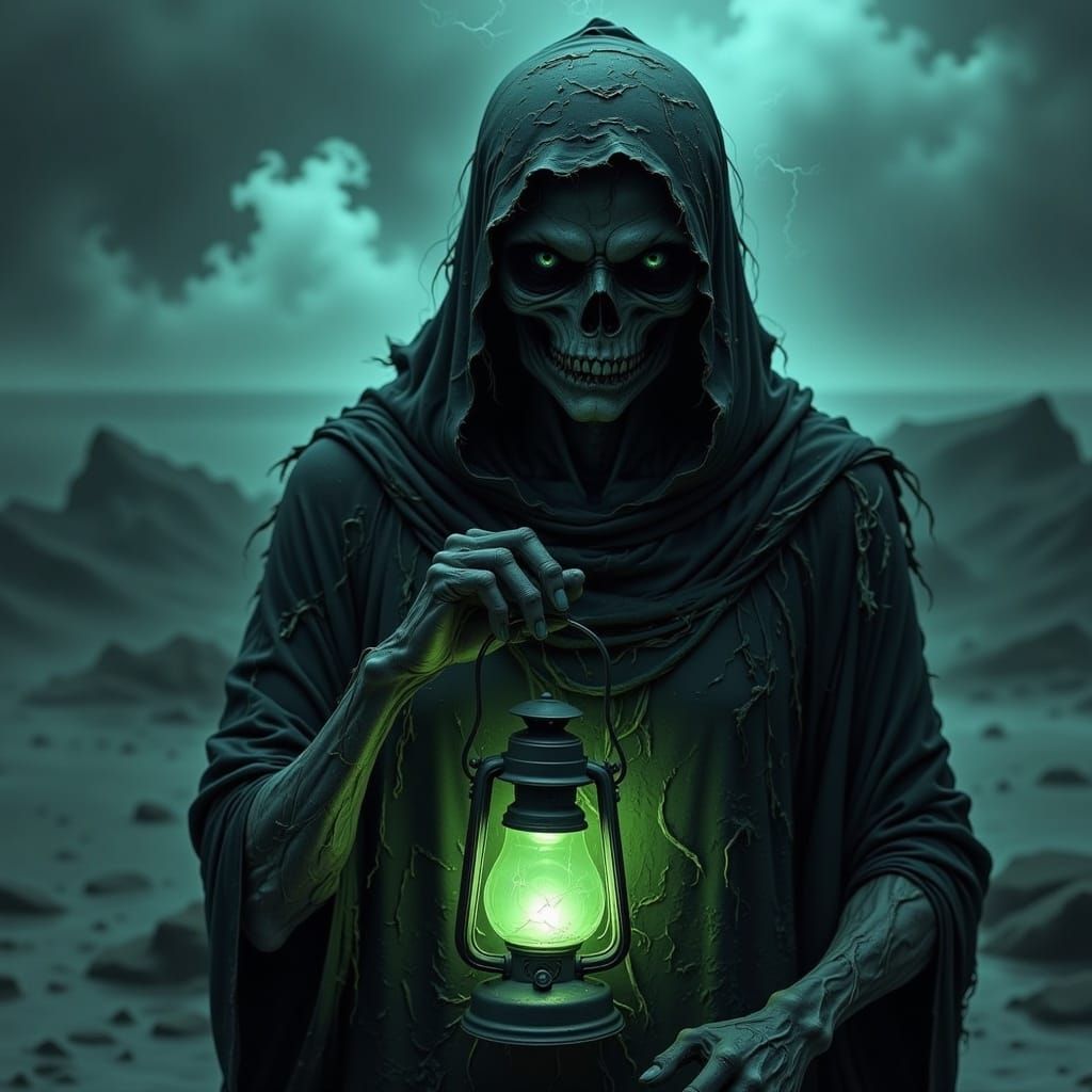 Ghostly Sailor with Lantern in Eerie Green Light