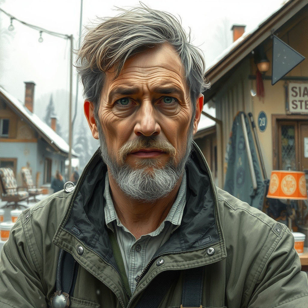 Disillusioned Middle-Aged Engineer in a Somber Landscape