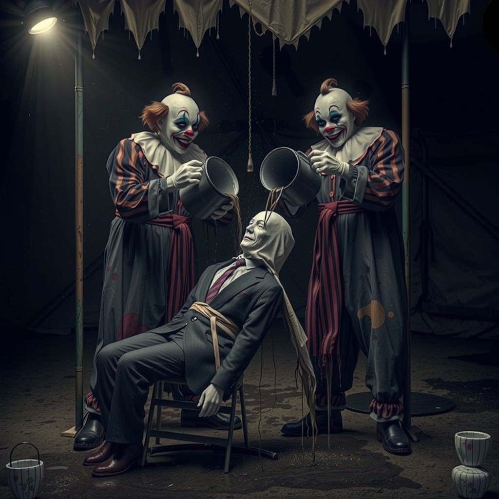 Sinister Clowns Pouring Water in Dark Carnival Tent