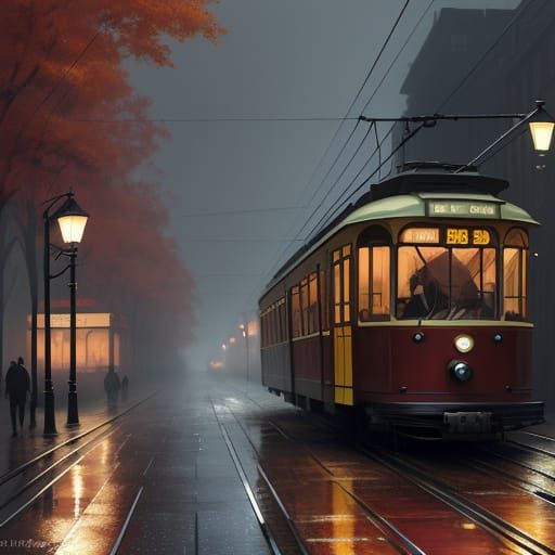 Vintage Red Tram in Autumn Cityscape