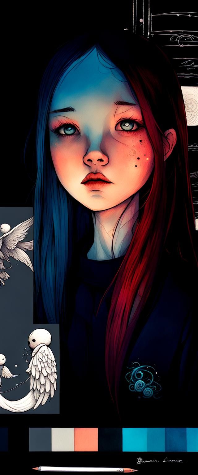 Angels Silhouetted Against the Moon in Pen Line Style