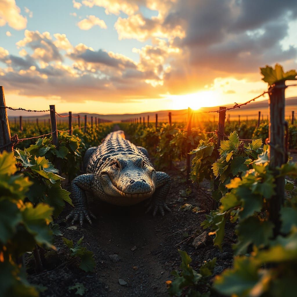 Golden Hour Crocodile in Tranquil Vineyard