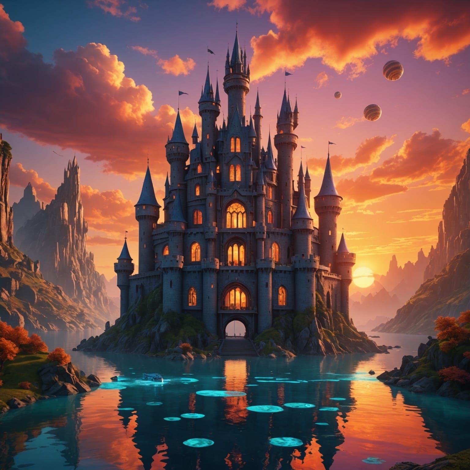 Chateau flottant avec un coucher de soleil