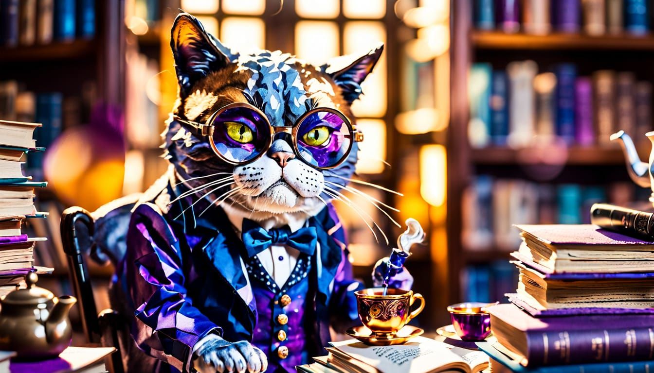 Grumpy Cat Sipping Tea in Sunlit Library in Alcohol Ink