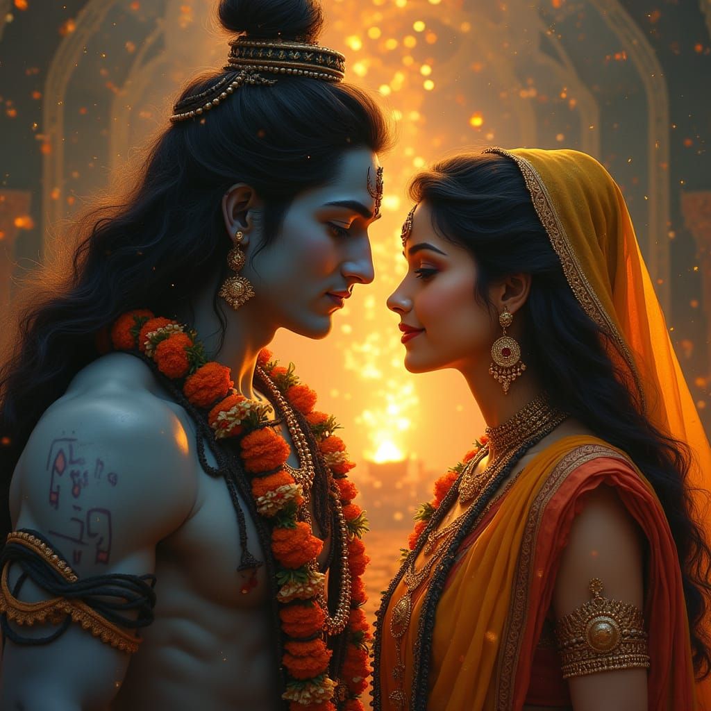 Celestial Wedding of Shiva and Parvati in Traditional Style