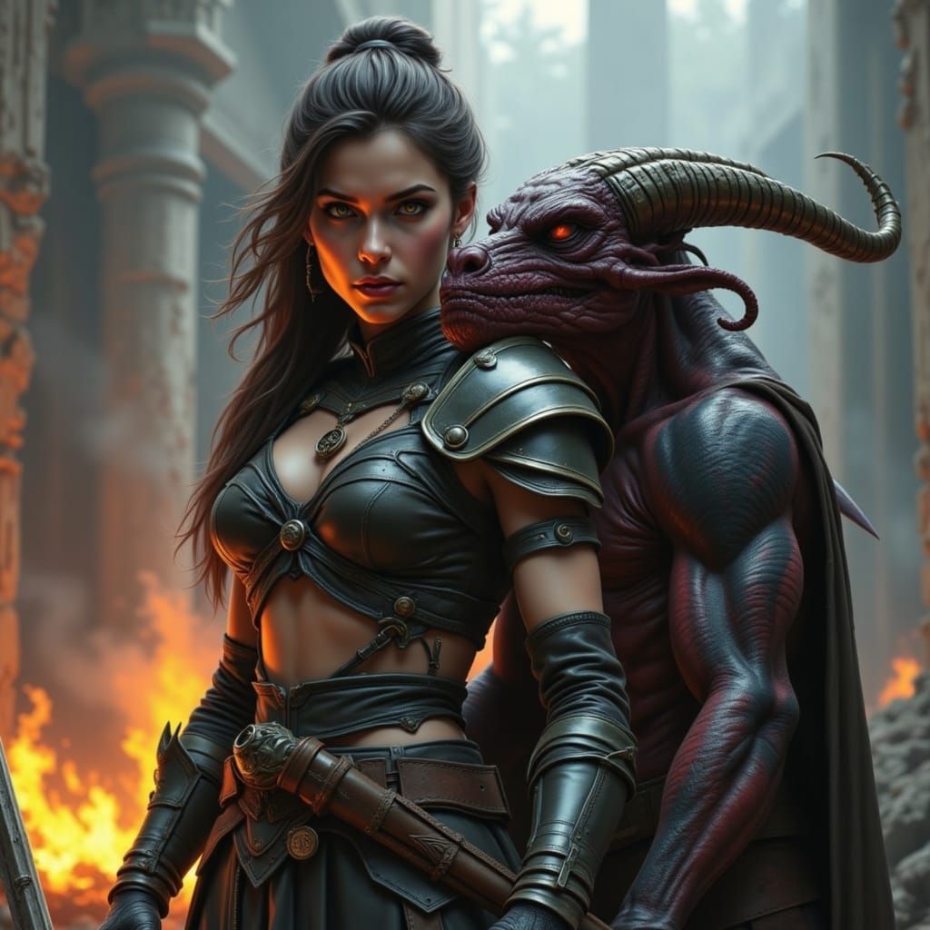 Dark Fantasy Warrior and Her Demon Companion in Ruins