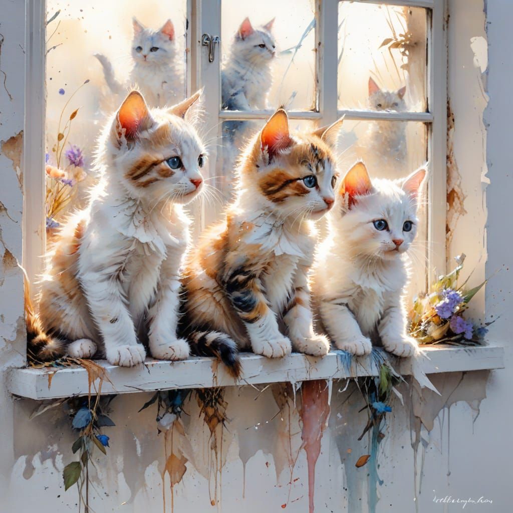 Kittens on Sunlit Ledge in Watercolour Style