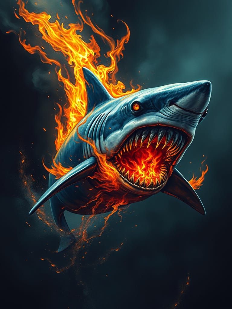 Flaming Shark in Gothic Horror Style