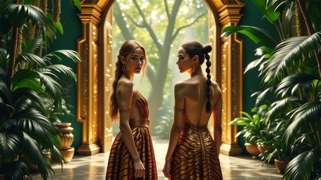 Women in Tiger Gowns Guarding Mystical Temple Entrance