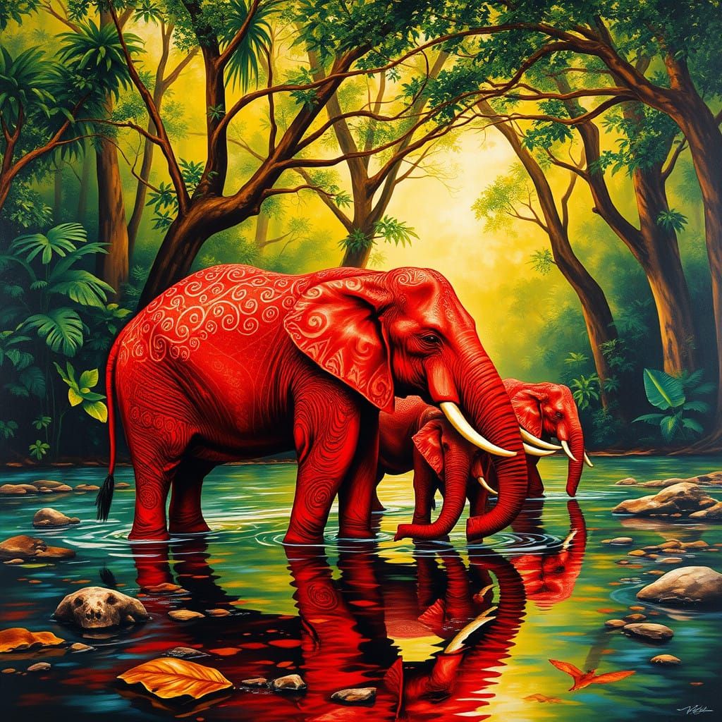 Exotic Forest Elephants in Vibrant Red and Green