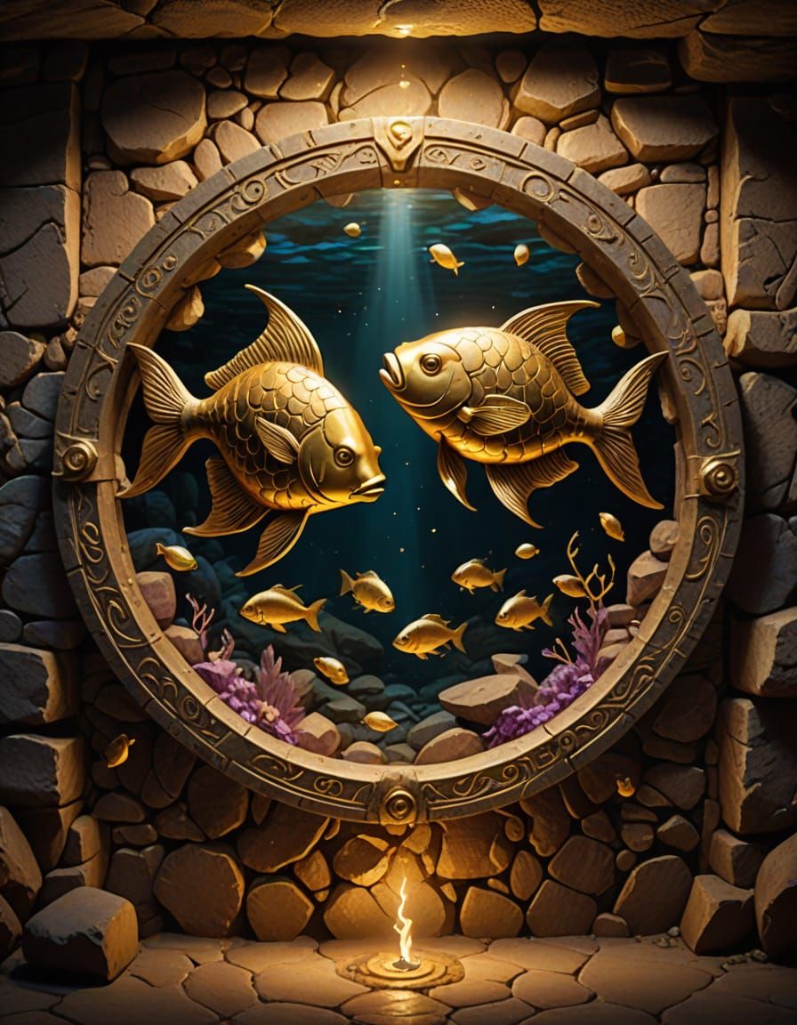 A golden Pisces zodiac symbol is mounted on a drystone wall ...