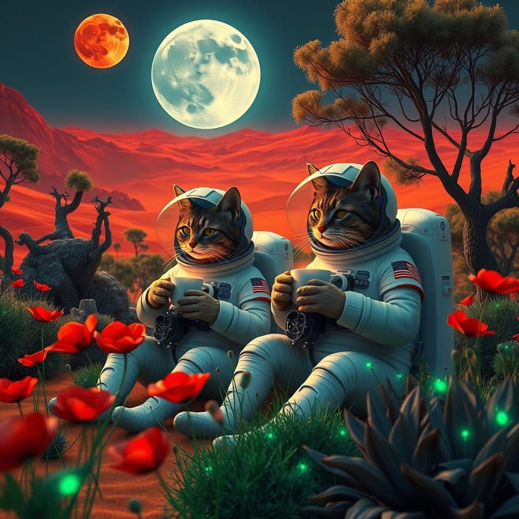 Surreal Futuristic Garden on Mars with Cat Astronauts