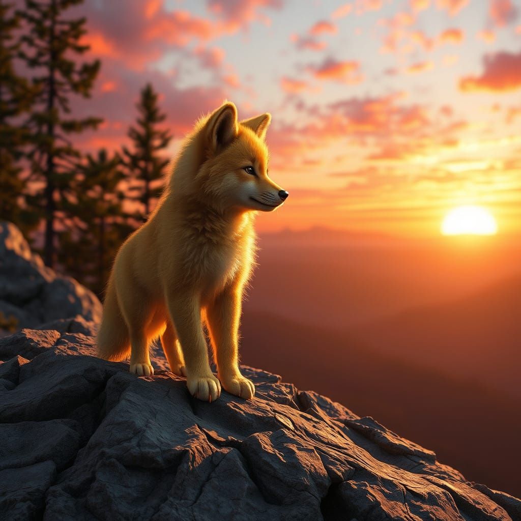 Golden Wolf Stands Proud on Rocky Outcropping