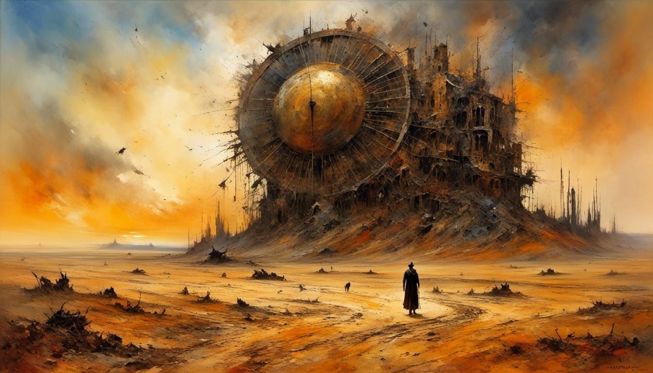 Surreal Desert Figure with Ominous Metallic Wheel