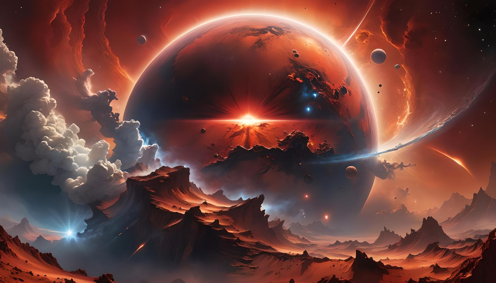 Ominous Red Planet Emerges from Nebula in Hyperrealism