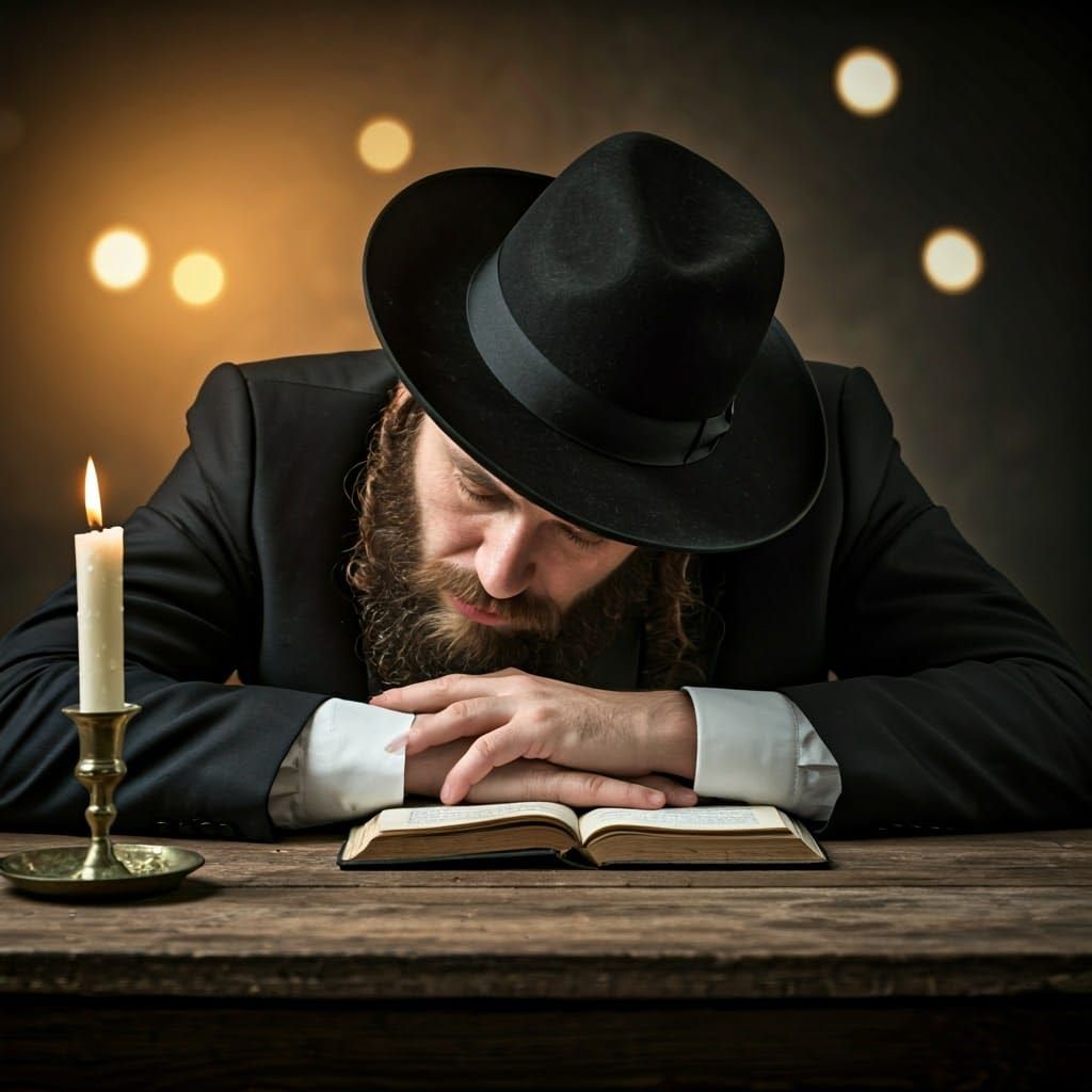 Tired Orthodox Jew Rests on Wooden Table in Faint Candleligh...
