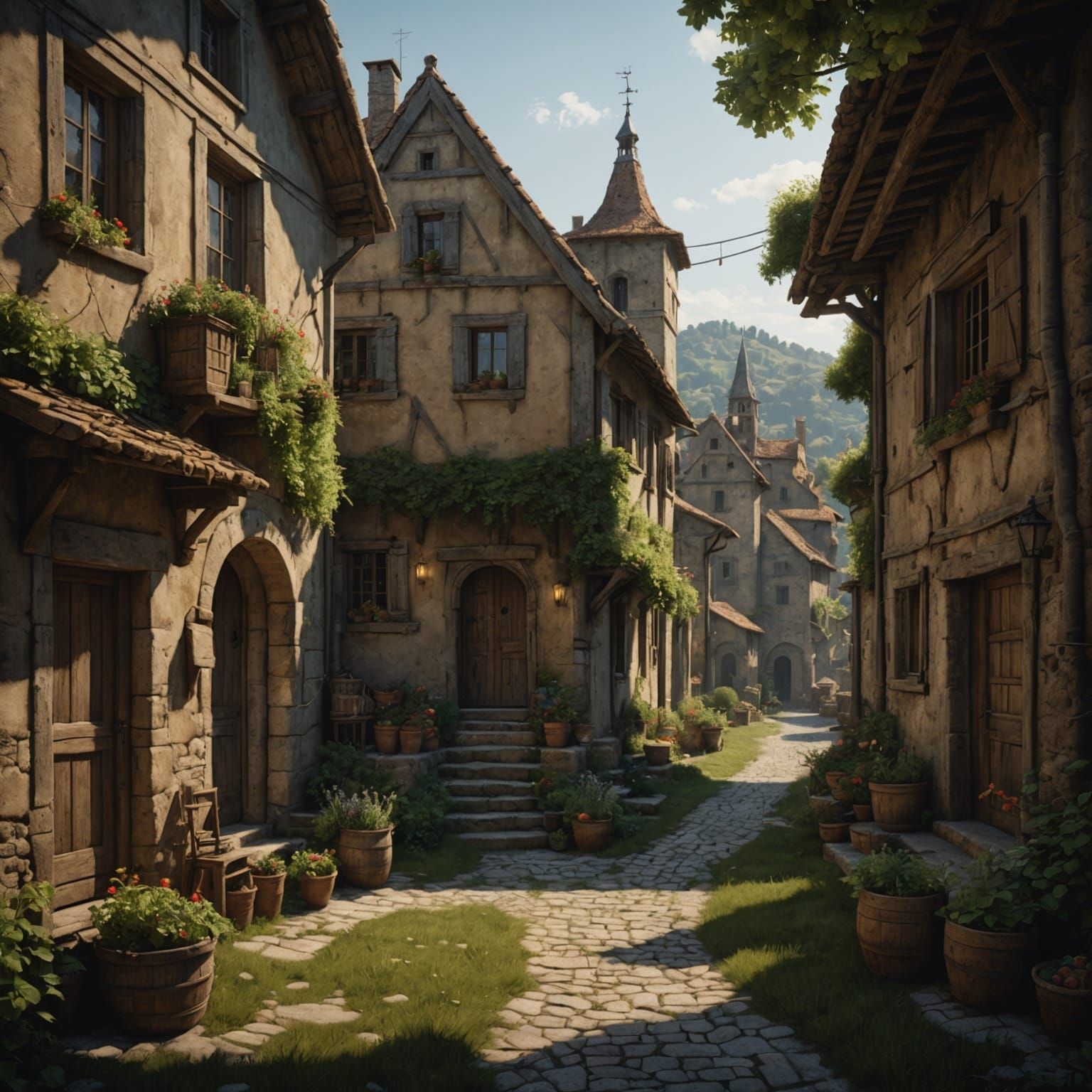 Detailed Rustic Village Scene in Photorealistic Style