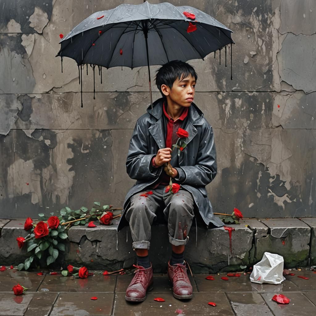 Boy with Umbrella in Expressive Street Art