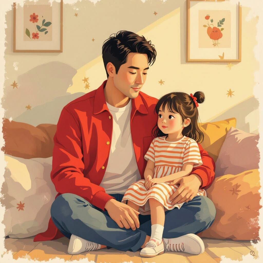 Father and Daughter Indoors in Golden Light, Ghibli-Inspired...
