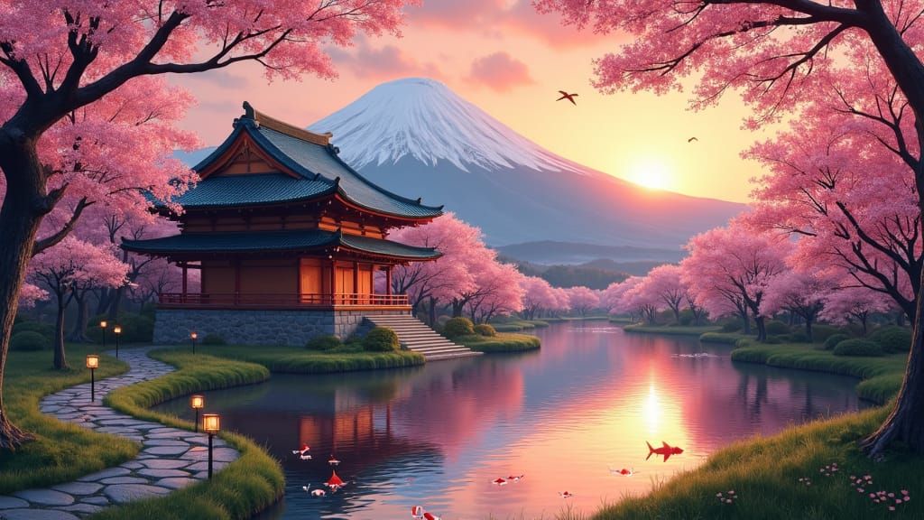 Japanese Temple with Cherry Blossoms at Sunset