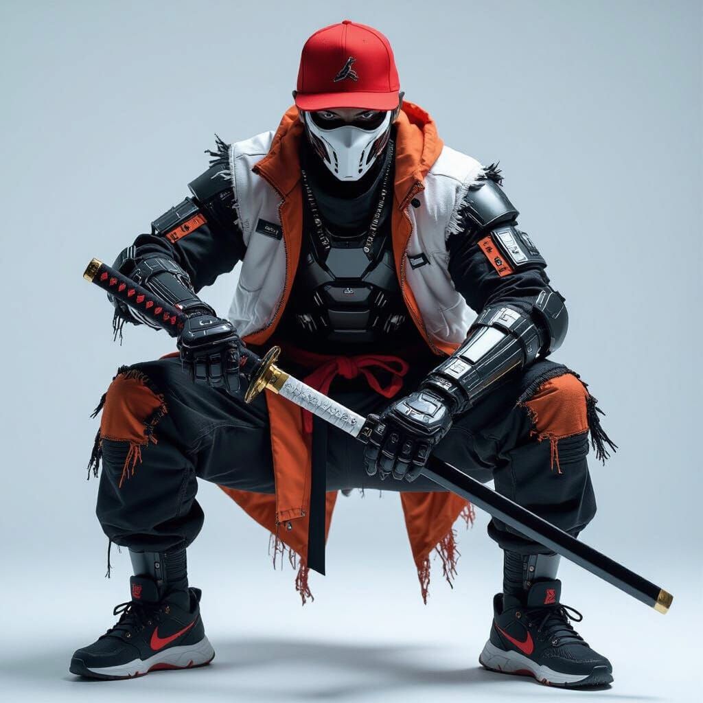 Cybernetic Samurai in Dynamic Pose with Katana