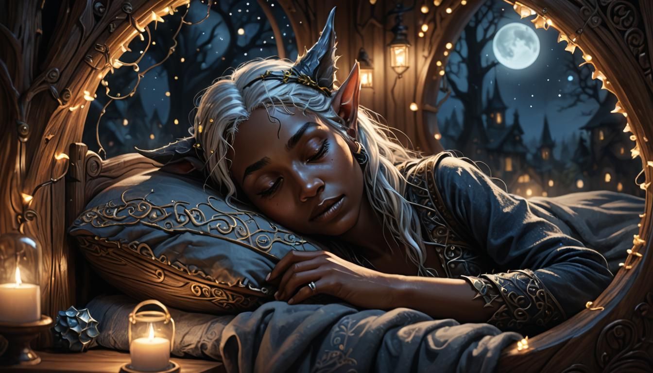 Sleeping Drow in Moonlight: A Hyperrealistic Digital Paintin...