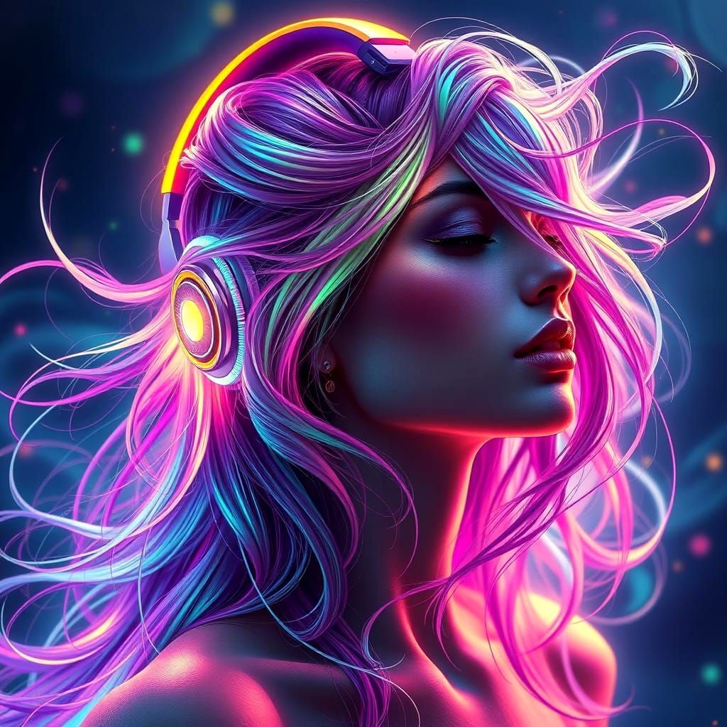 Woman with Rainbow Hair Listening to Music