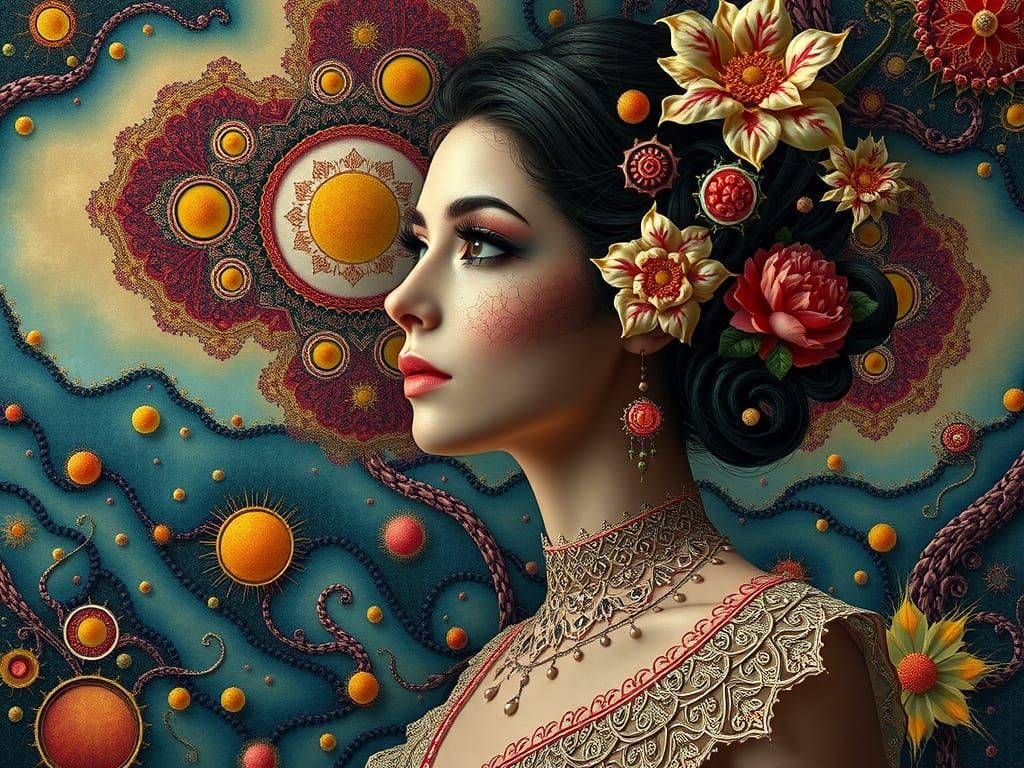 Surreal Dancer in Fractal Landscape, Art Nouveau Style