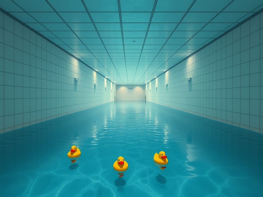 Eerie Flooded Pool Hallway with Rubber Ducks
