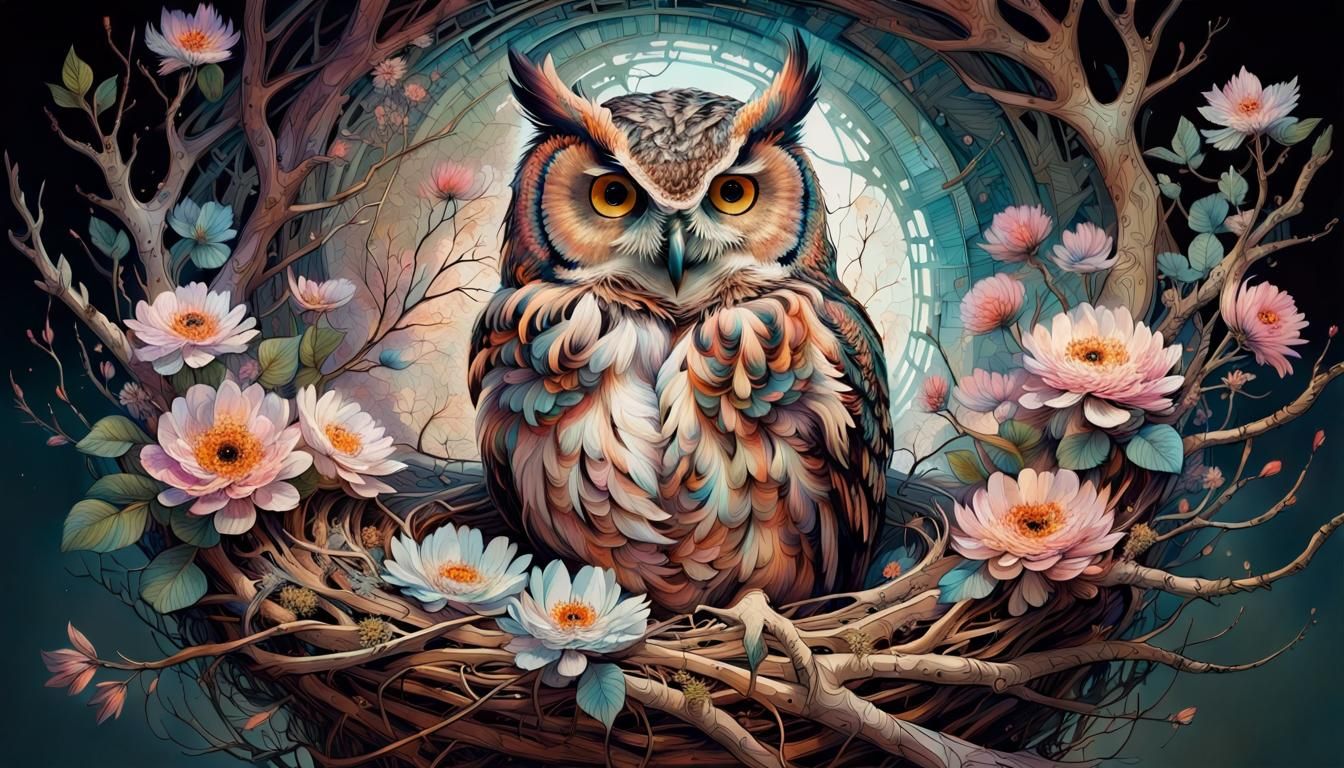 Flower owl at home