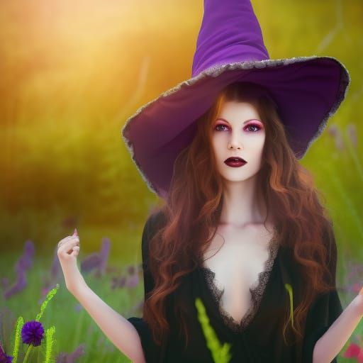 Gothic Witch in Flower Meadow, Hyperdetailed Portrait