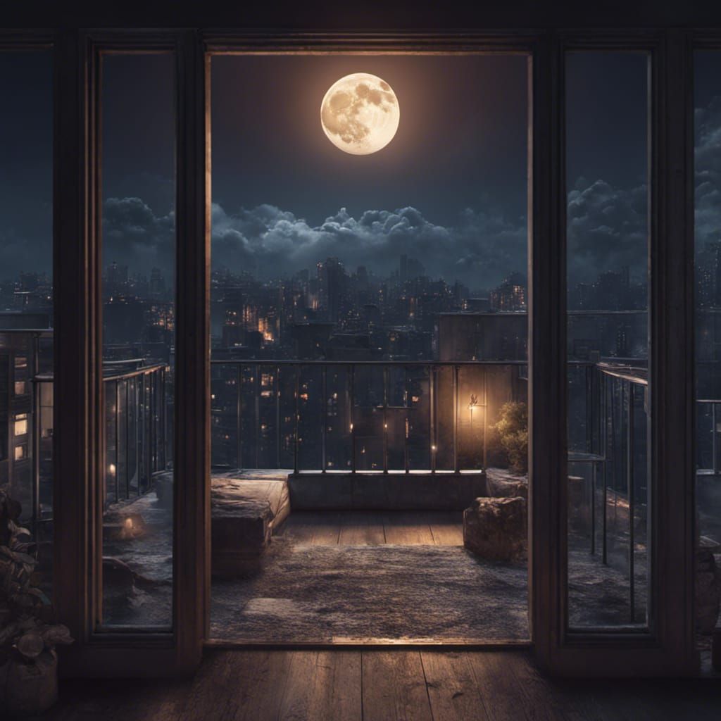 Full Moon Night Seen From Apartment Window