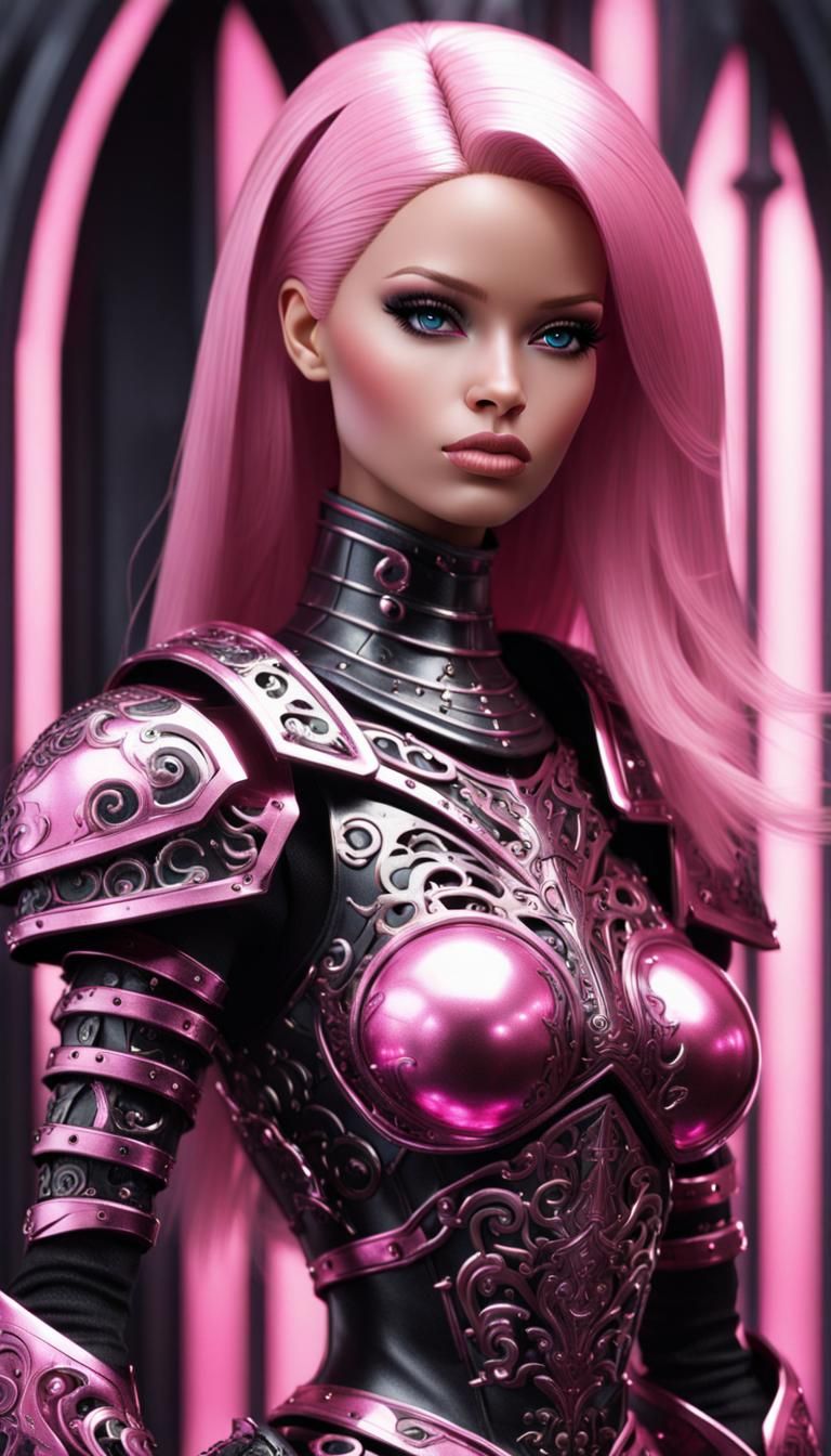 Metallic Armored Barbie in Retrofuturistic Style