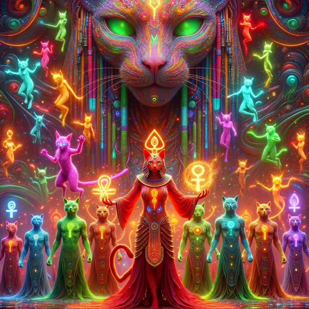Bastet Conjuring Energy with Cat Companions in Neon Aura