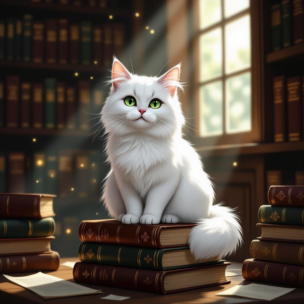 Kawaii White Cat on Books in Cozy Library