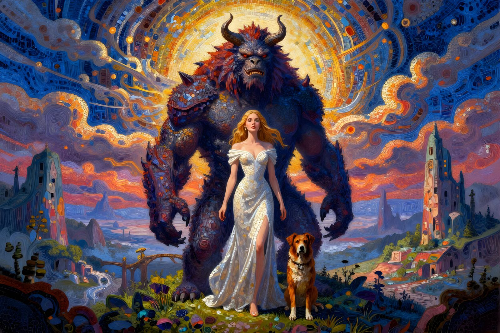 Fantasy Trio: Monster, Woman, and Dog in Cubist Style