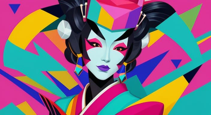 Geisha in Kimono: A Cubist Geometric Fauvism Painting