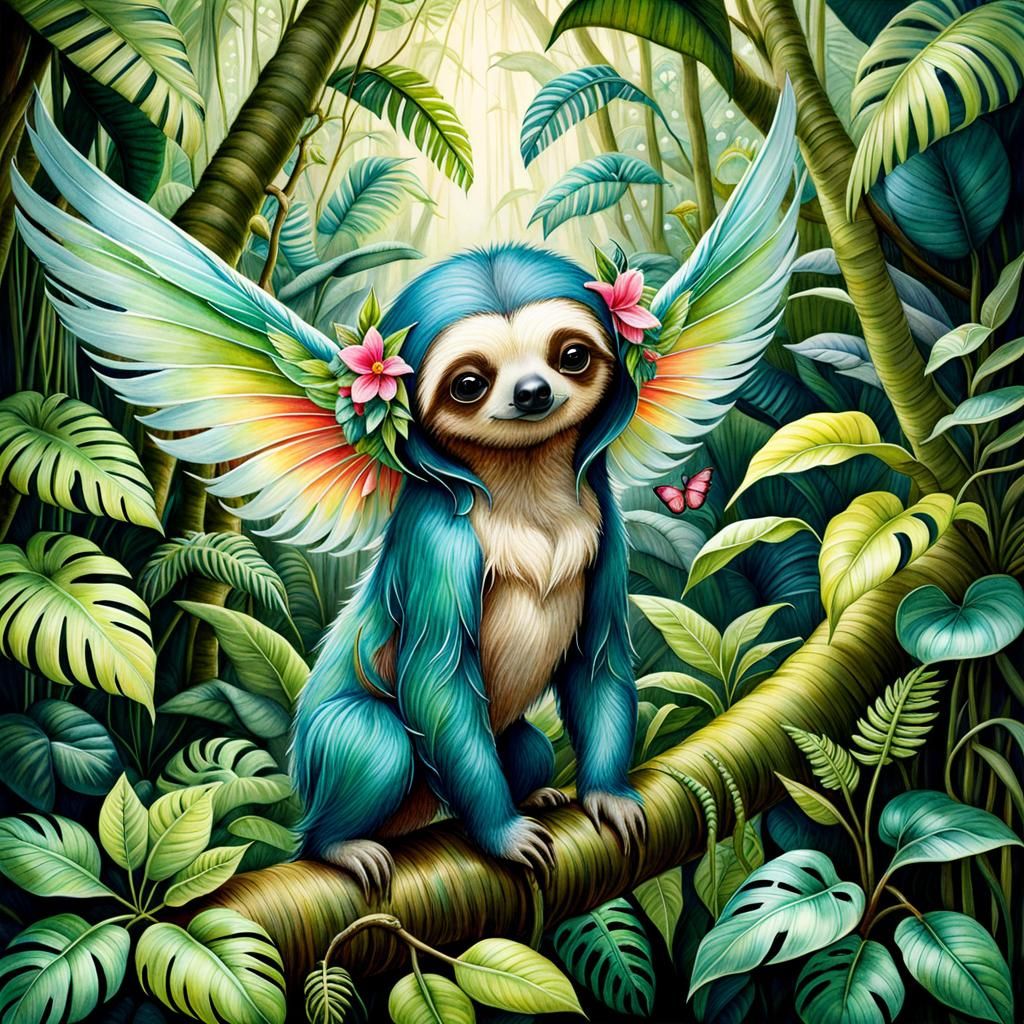 Fairy Sloth in Tropical Watercolor Style